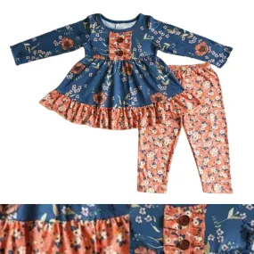 Blue & Peach Floral Long Sleeve Shirt & Pants Autumn/Fall