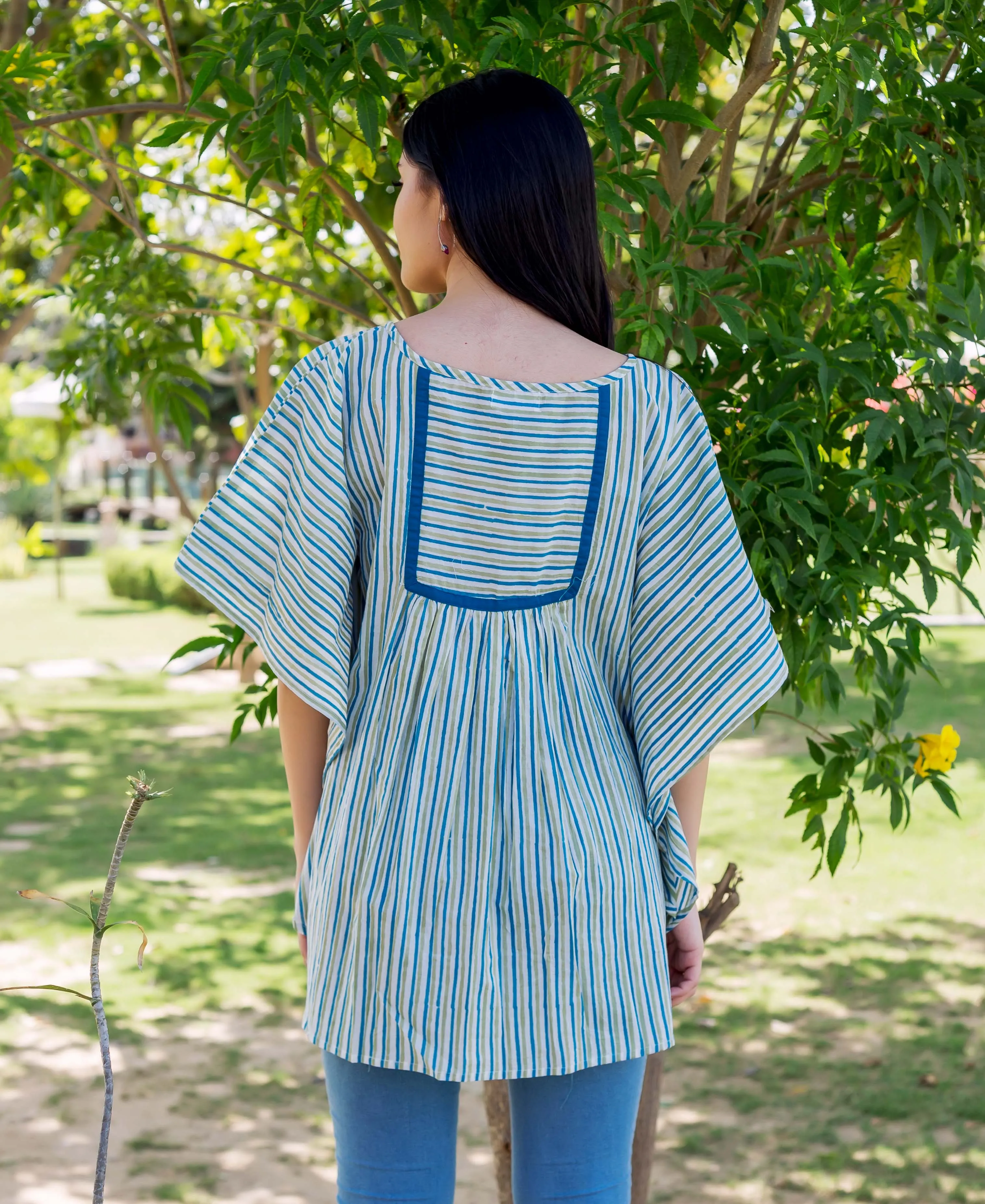 Blue and Green Block Printed Kaftan Top