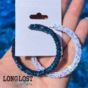 Blue and White Iridescent Glitter Hoop Earrings