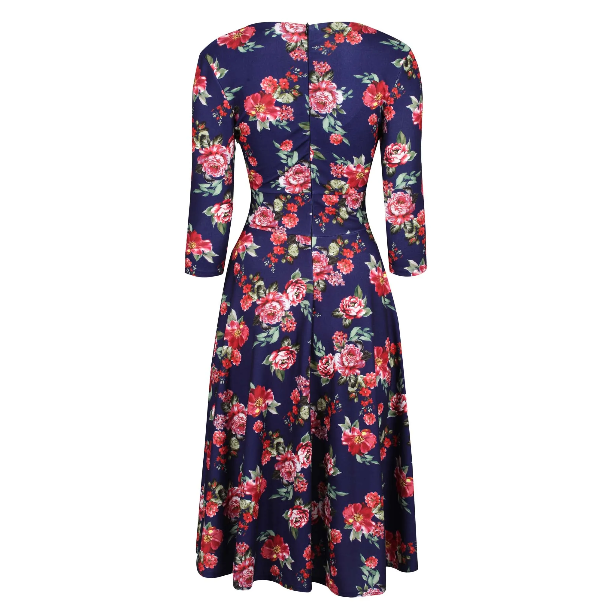 Blue Floral Vintage A Line Crossover 3/4 Sleeve Tea Swing Dress