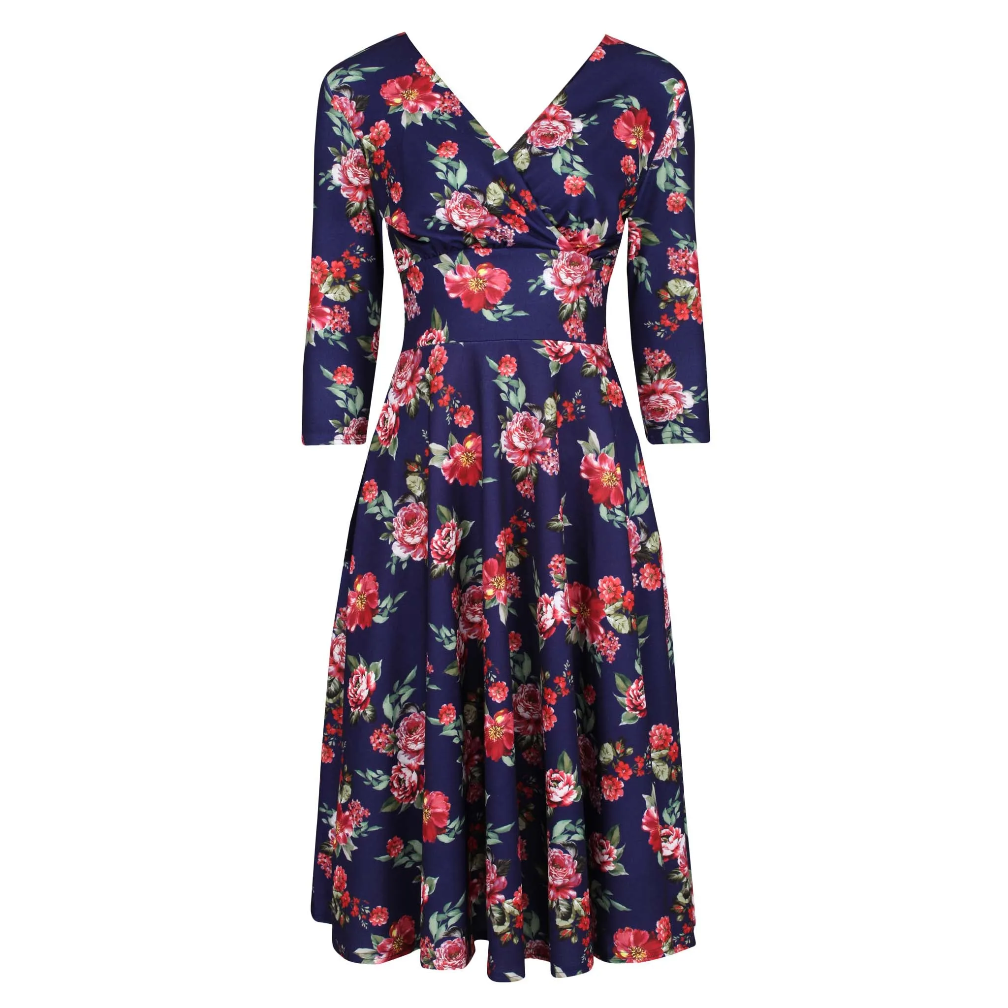 Blue Floral Vintage A Line Crossover 3/4 Sleeve Tea Swing Dress