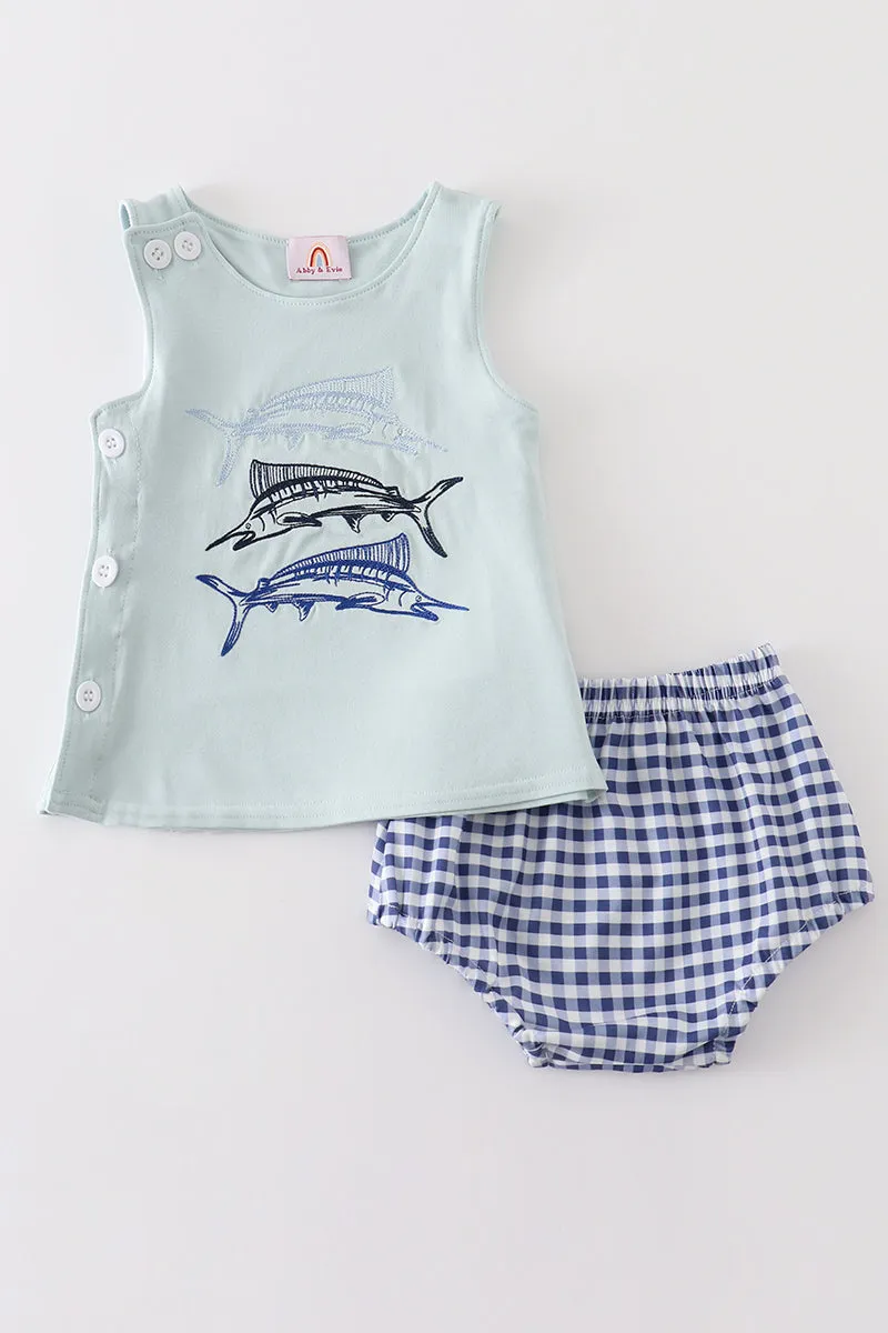 Blue swordfish embroidery boy baby set