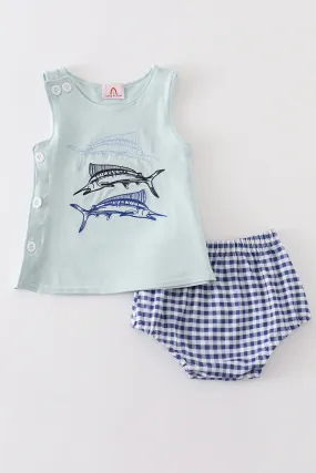 Blue swordfish embroidery boy baby set