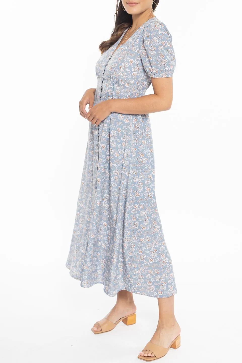 Cheerful Dusty Blue Daisy Puff Sleeve Button Front Maxi Dress