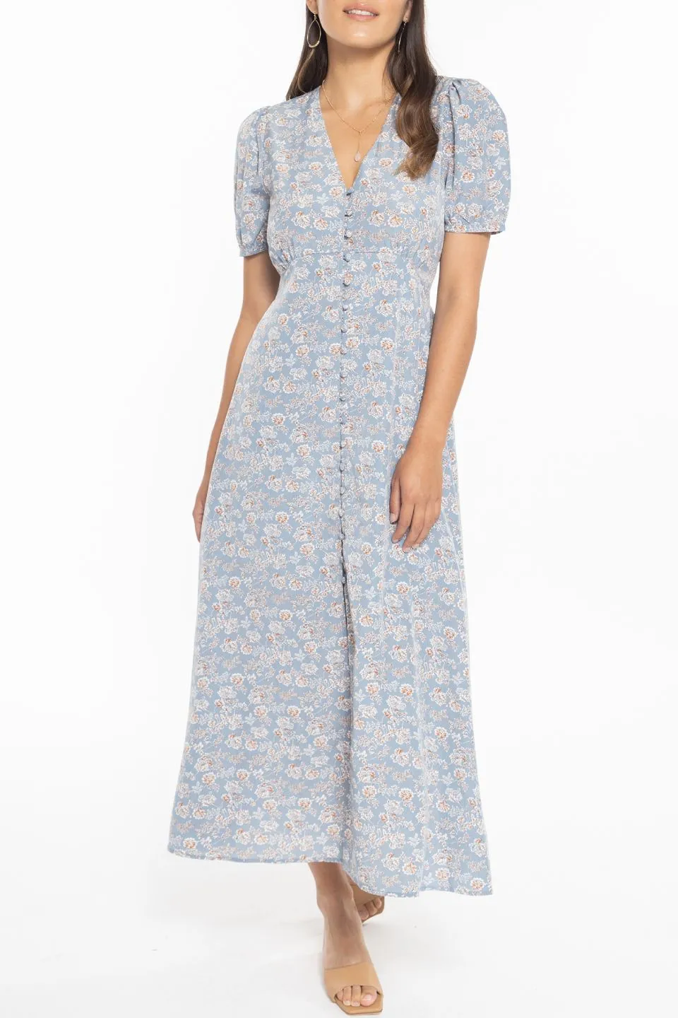 Cheerful Dusty Blue Daisy Puff Sleeve Button Front Maxi Dress