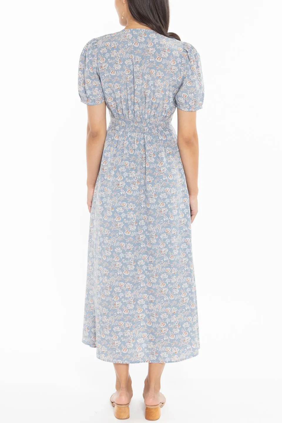 Cheerful Dusty Blue Daisy Puff Sleeve Button Front Maxi Dress