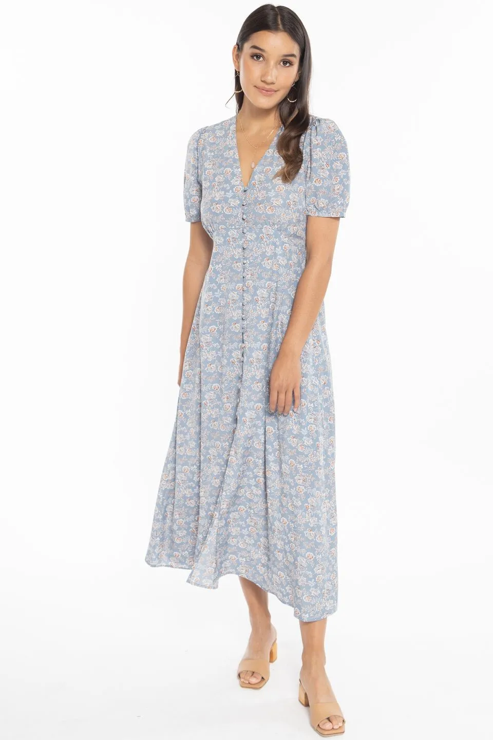 Cheerful Dusty Blue Daisy Puff Sleeve Button Front Maxi Dress