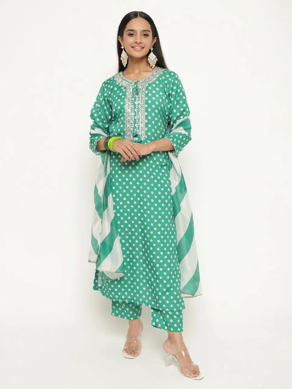 Cotton Party wear Women's Kurta Pant with Dupatta Suit Green