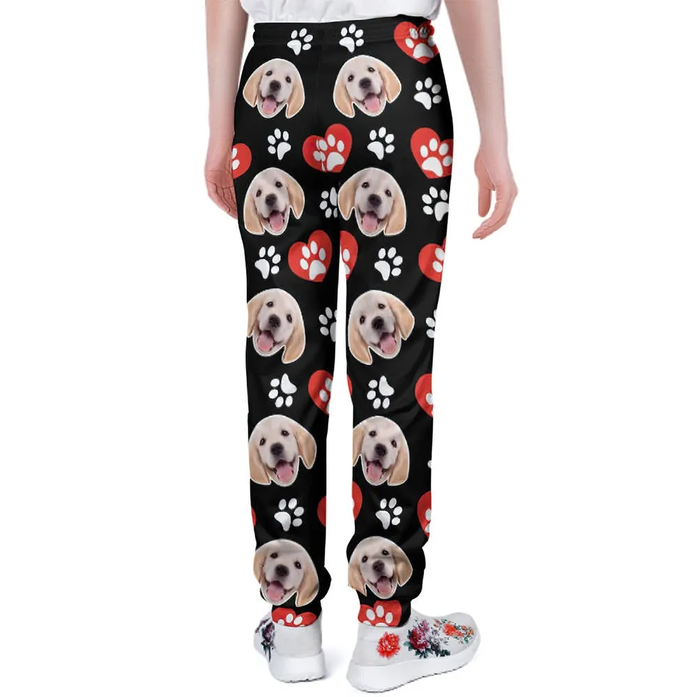 Custom Dog Face Sweatpants Unisex Joggers with Heart Pattern Paw