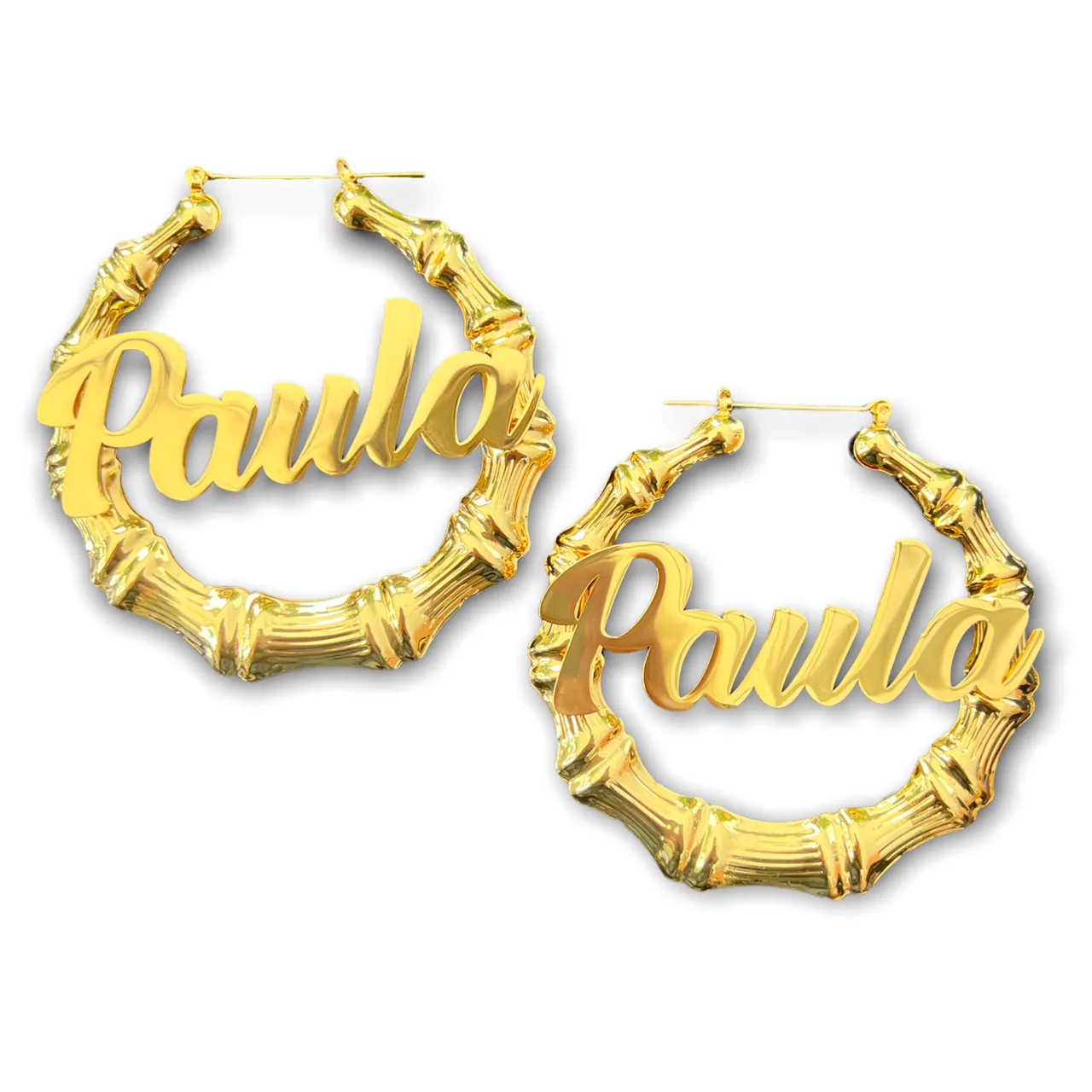 Custom Name Gold-Plated Stainless Steel Bamboo Hoop Earrings