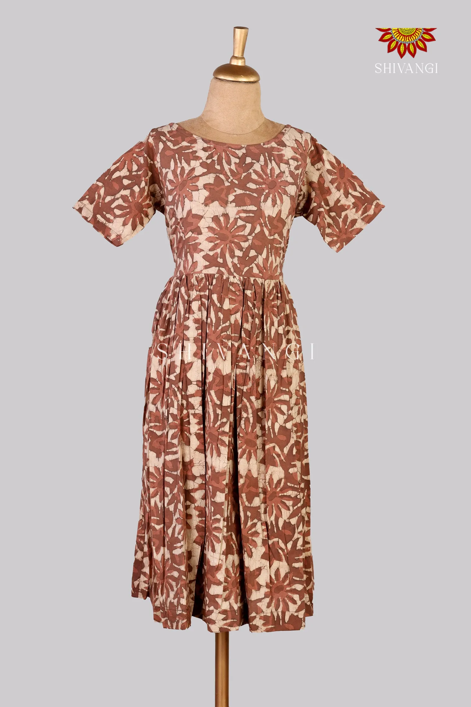 Dark Brown Bagru Floral Frock For Kids !!!