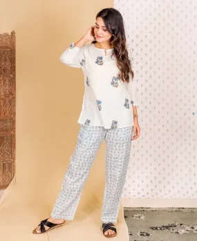 Delicate White Hand Block Printed Lounge Wear