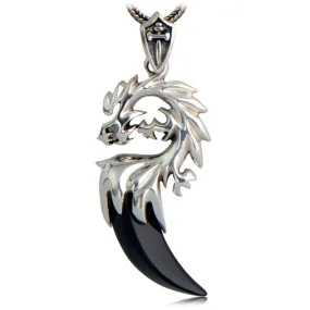 Dragon and Tooth-Shaped Natural Black Onyx Stone 925 Sterling Silver Vintage Pendant