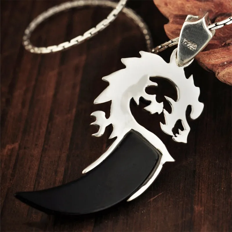 Dragon and Tooth-Shaped Natural Black Onyx Stone 925 Sterling Silver Vintage Pendant