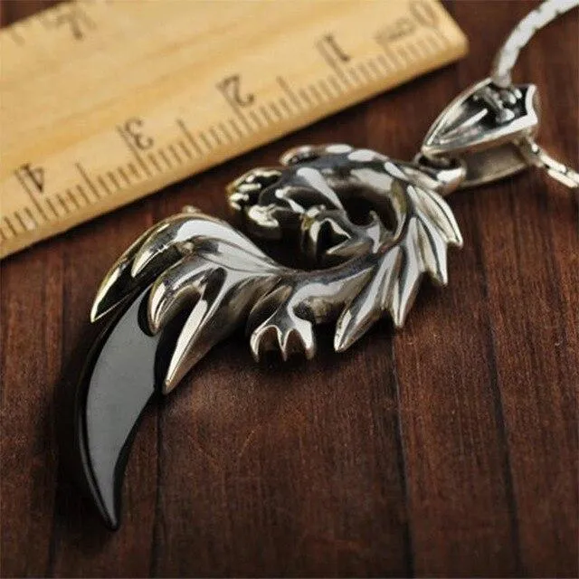 Dragon and Tooth-Shaped Natural Black Onyx Stone 925 Sterling Silver Vintage Pendant