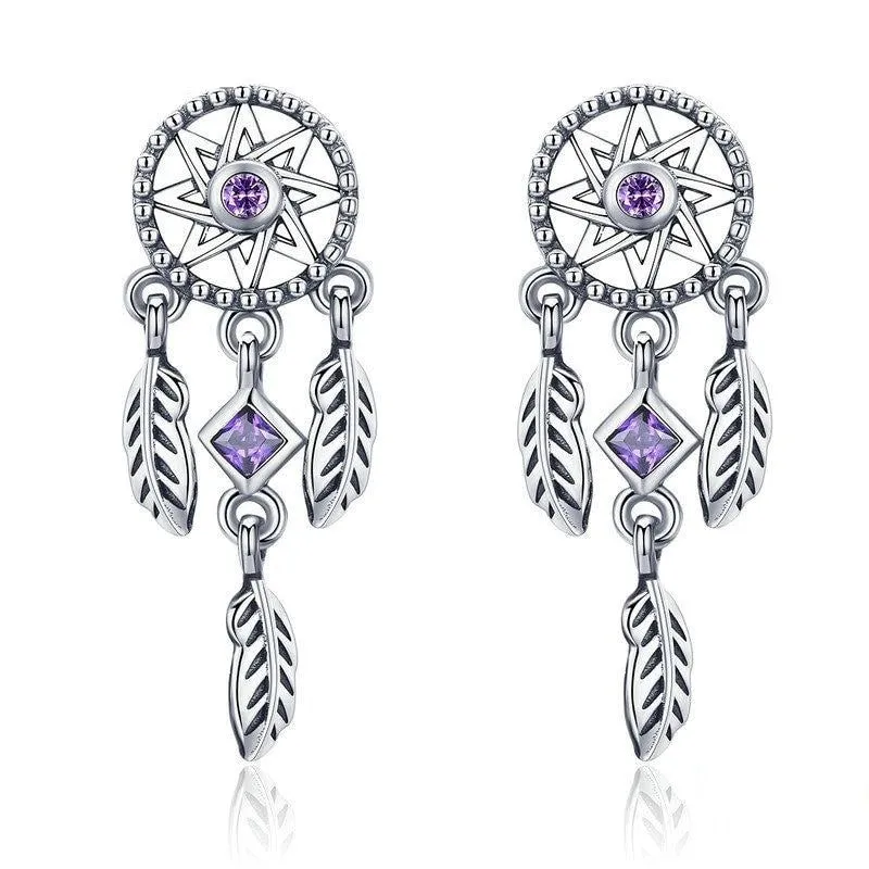 Dream Catcher Purple Cubic Zirconia 925 Sterling Silver Vintage Drop Earrings