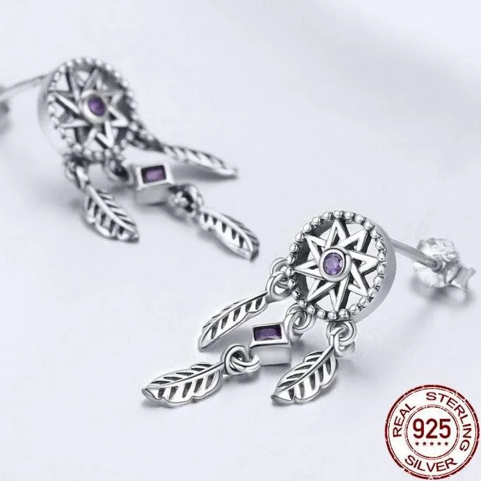 Dream Catcher Purple Cubic Zirconia 925 Sterling Silver Vintage Drop Earrings