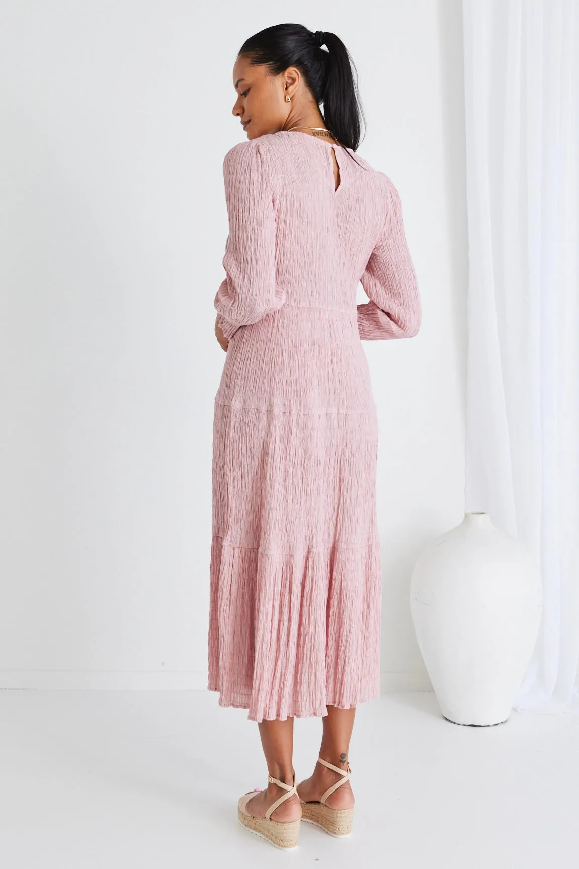 Effortless Blush LS Shirred Tiered Maxi Dress