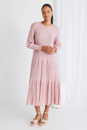 Effortless Blush LS Shirred Tiered Maxi Dress