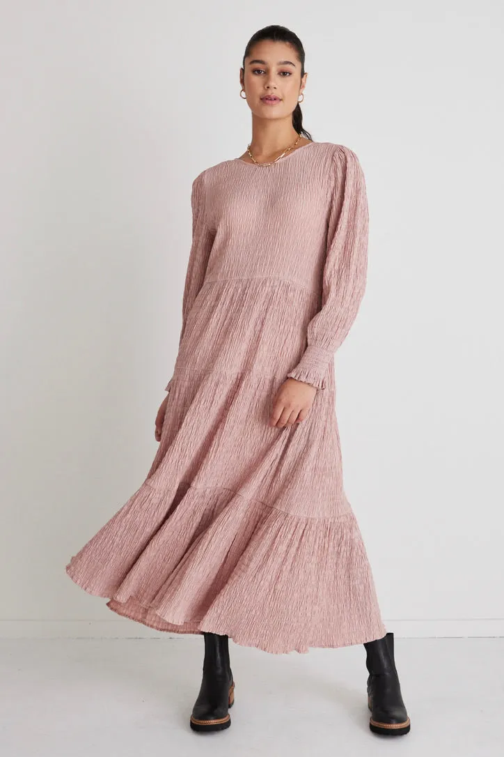 Effortless Blush LS Shirred Tiered Maxi Dress