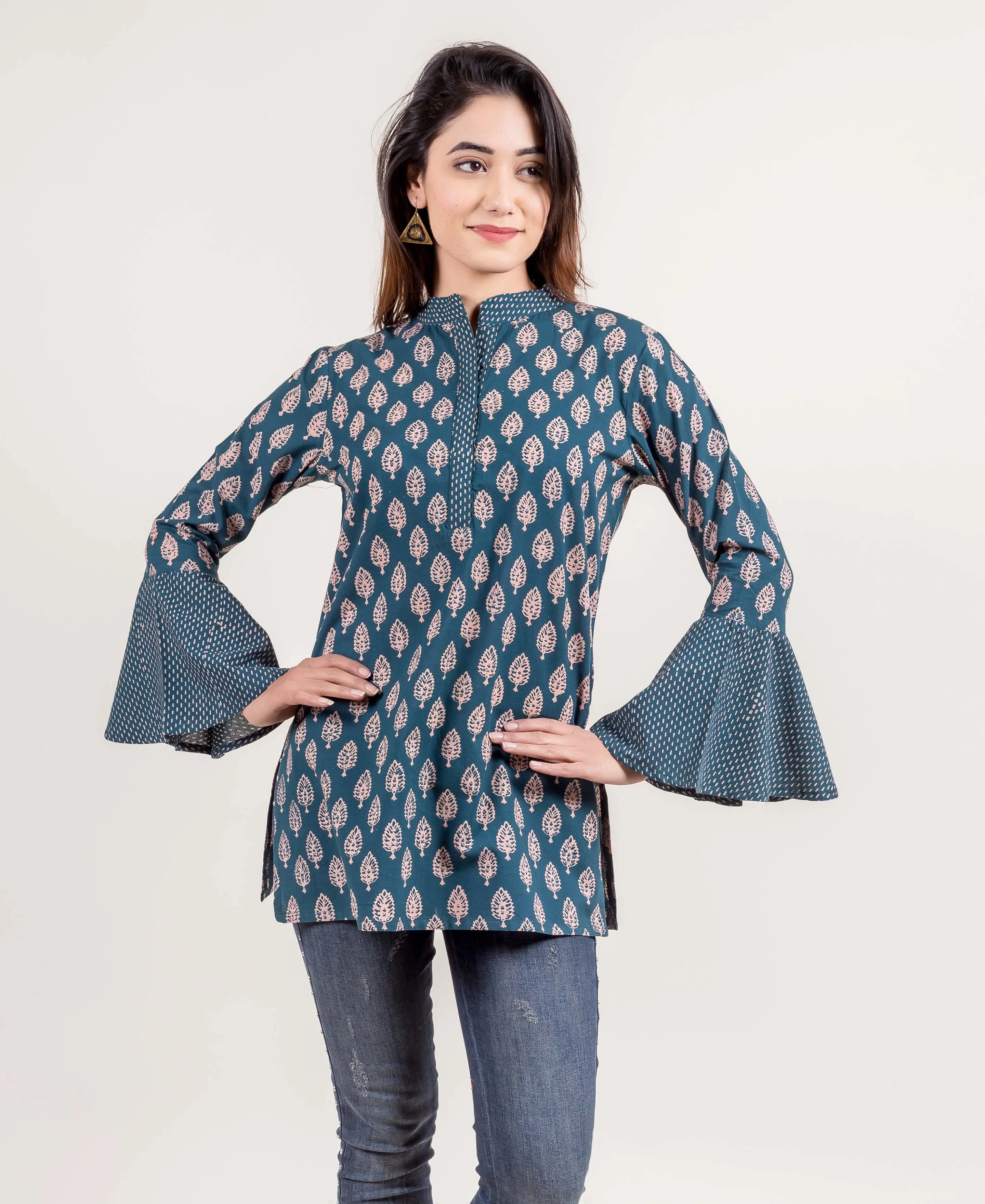 Ensemble Accomplishment Hand Block Printed Bell Sleeved Short Kurti