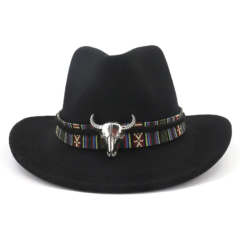 Ethnic Style Cowboy Hat Men Wool Wide Brim Unisex Bull Shaped Decor Western Cowboy Hats Women Elegant Party Caps