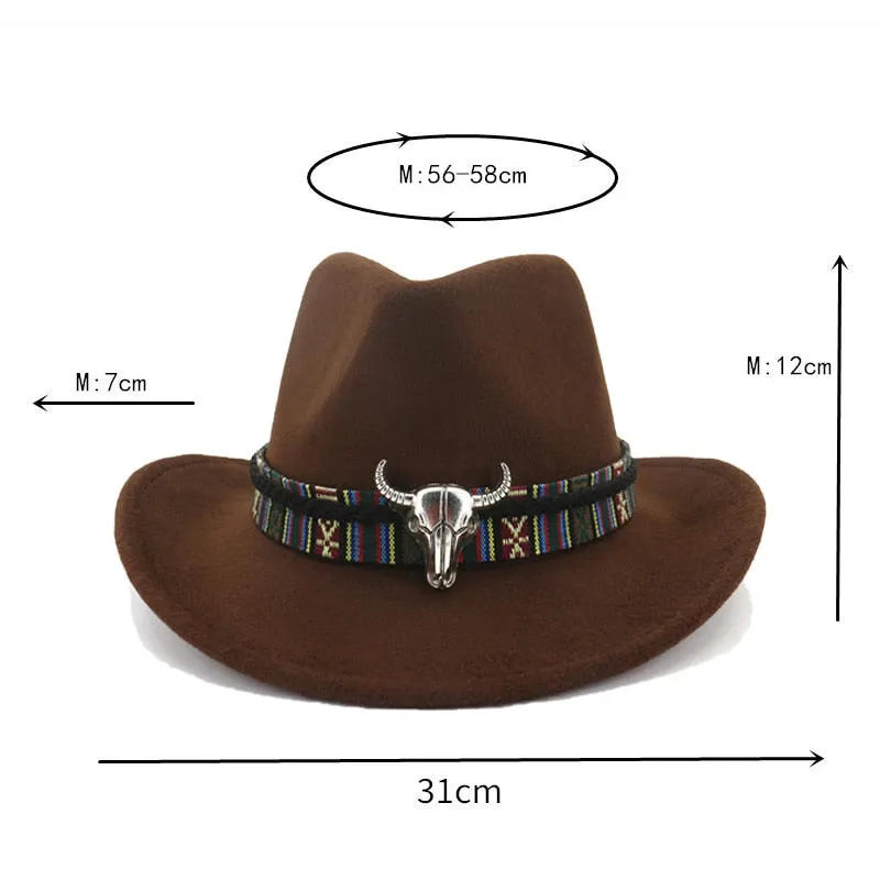 Ethnic Style Cowboy Hat Men Wool Wide Brim Unisex Bull Shaped Decor Western Cowboy Hats Women Elegant Party Caps