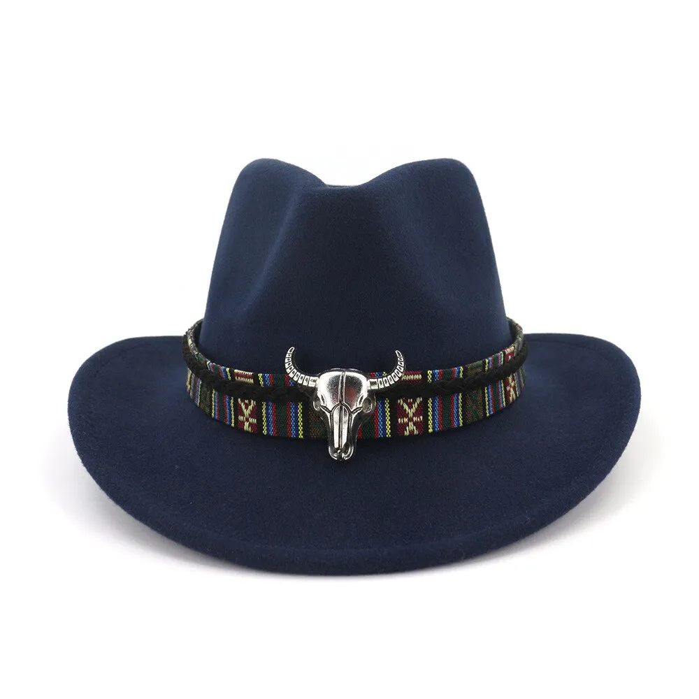 Ethnic Style Cowboy Hat Men Wool Wide Brim Unisex Bull Shaped Decor Western Cowboy Hats Women Elegant Party Caps