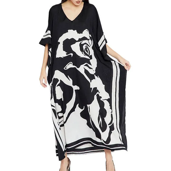 Floral Ink Black & White Silk Kaftan KAF0037