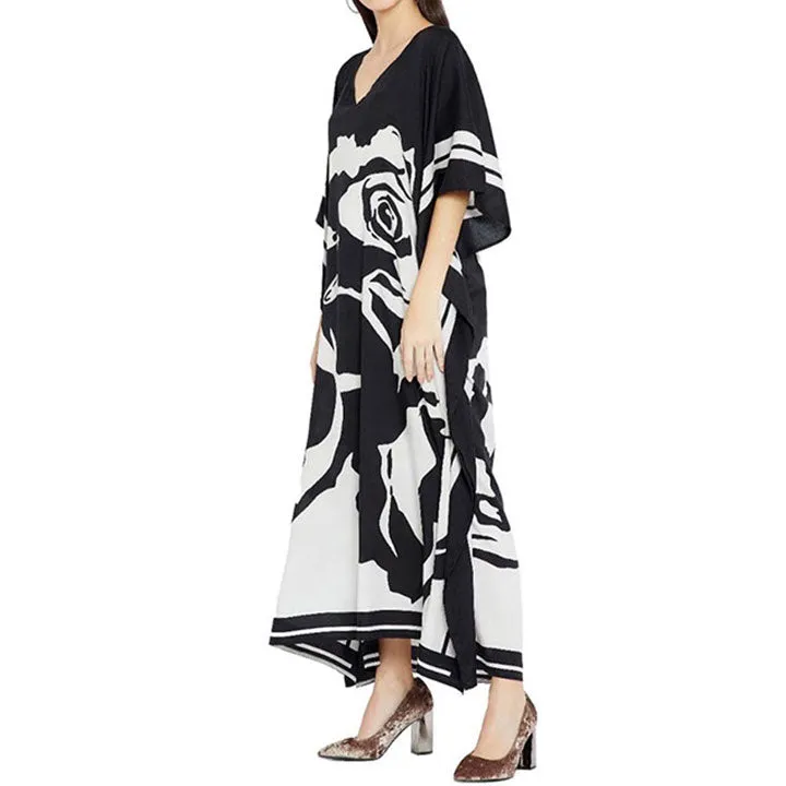 Floral Ink Black & White Silk Kaftan KAF0037