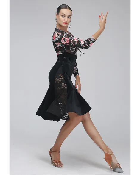 Floral or Tiger Print Latin Practice Dress with High Waist and Transparent Top with Long Sleeves and Lace-up Neckline PRA 410