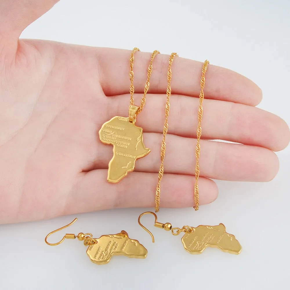 Gold-Plated Africa Map Pendant Necklace and Earrings Jewelry Set