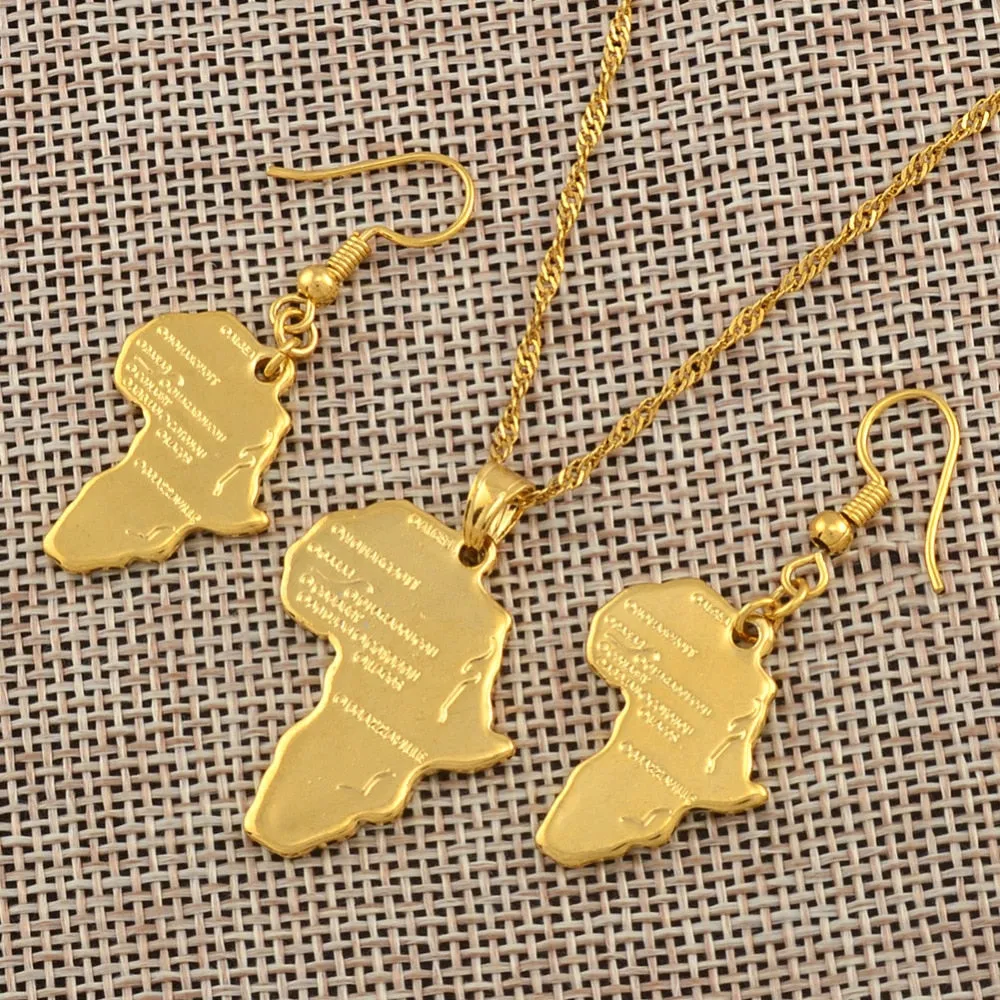 Gold-Plated Africa Map Pendant Necklace and Earrings Jewelry Set