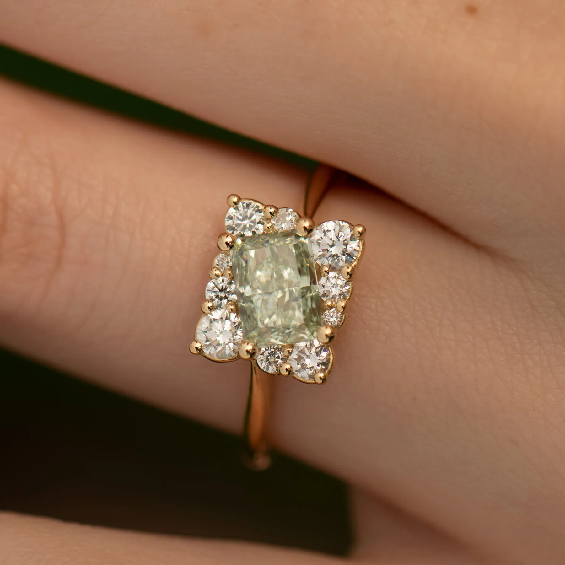 Golden Spiral Engagement Ring with a Fancy Green Diamond