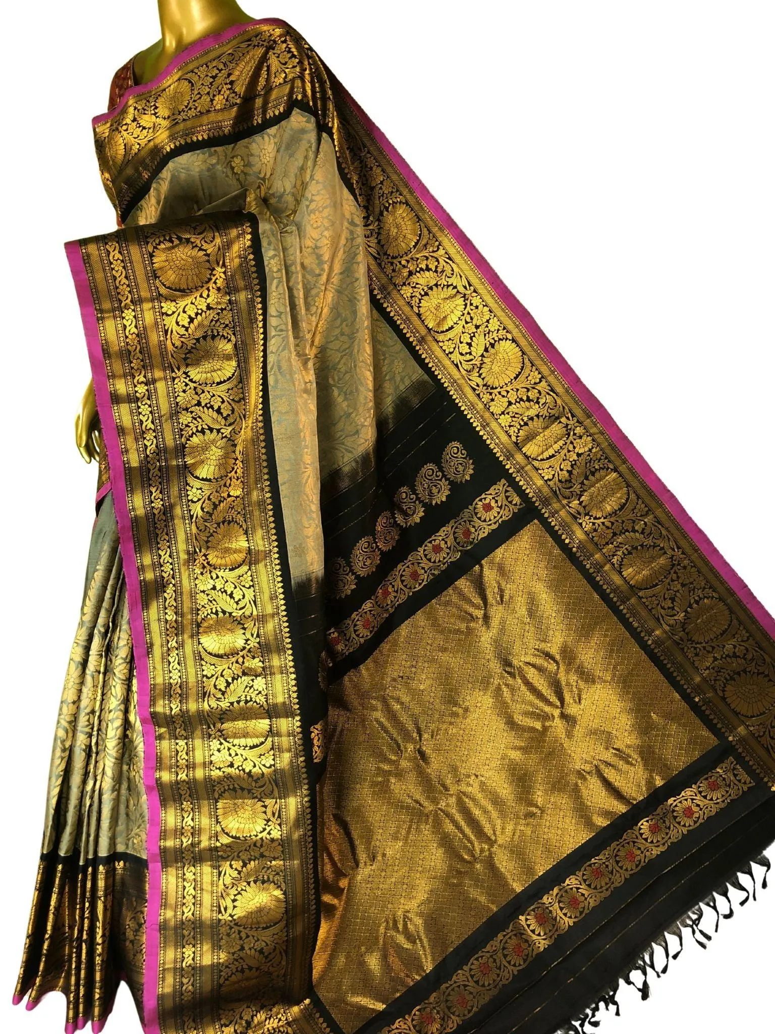 Grey and Black Color Brocade Gadwal Saree with Kanchi Border