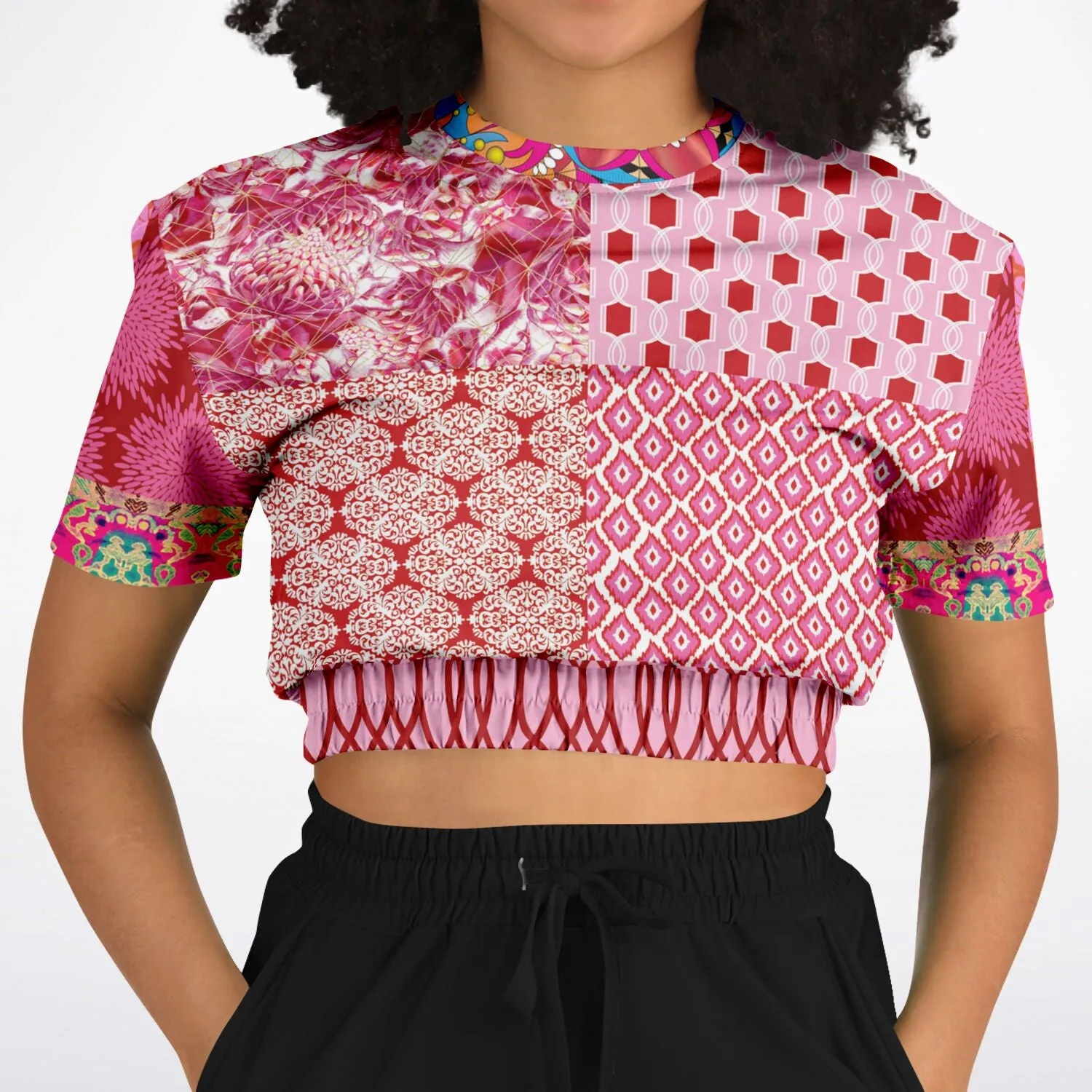 Gypsy Beat Pink Patchwork Short Sleeve Cropped Eco-Poly Sweater