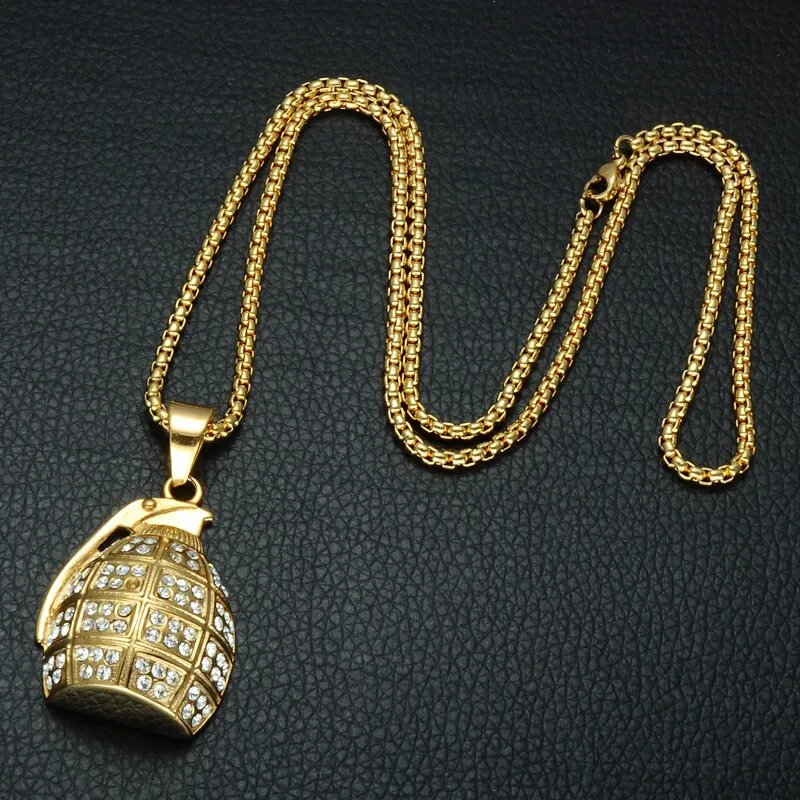 Hand Grenade Bling Stainless Steel Hip-hop Pendant Necklace