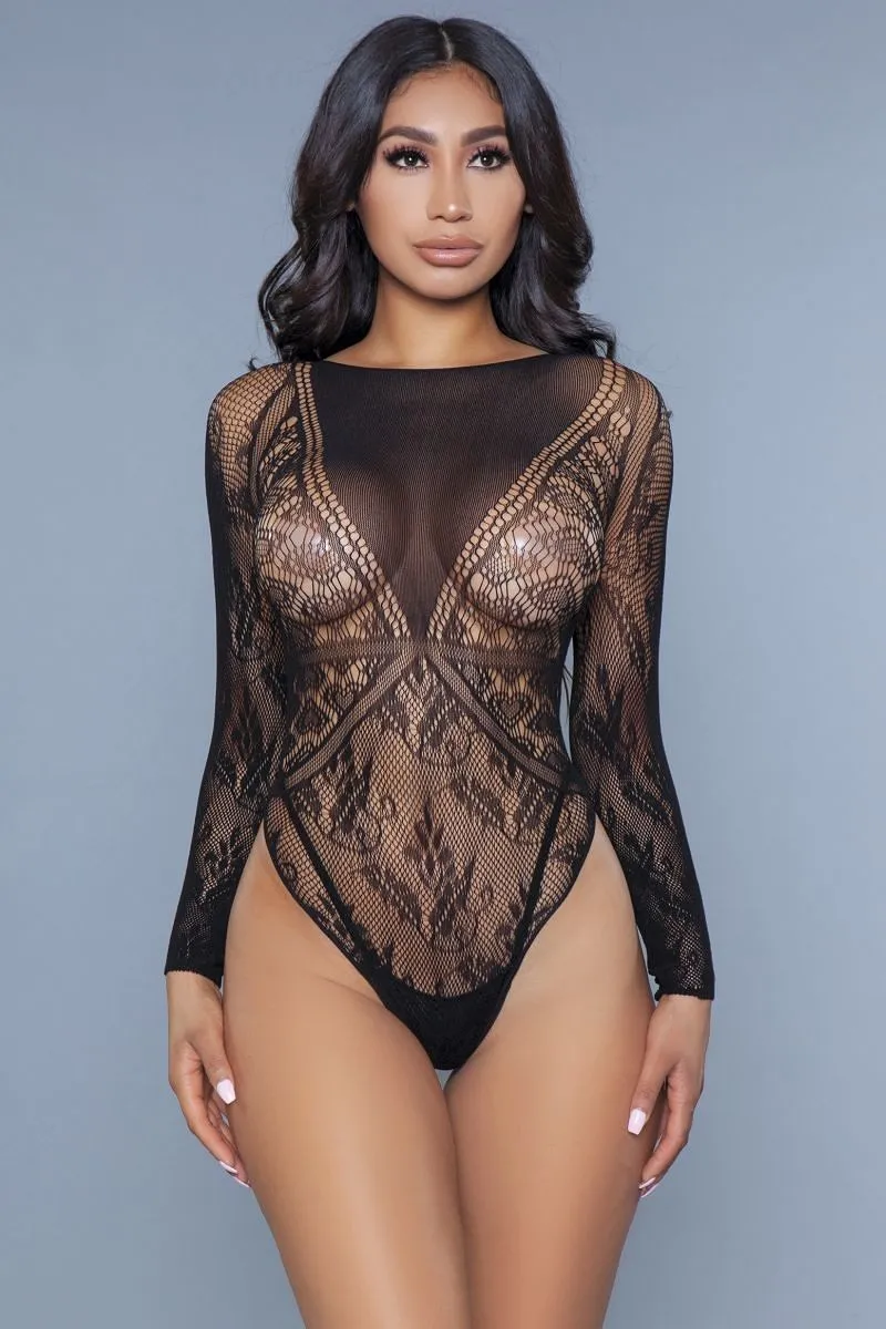 Heart Shape Detail With Floral Lace Bottom/sleeves Bodysuit.