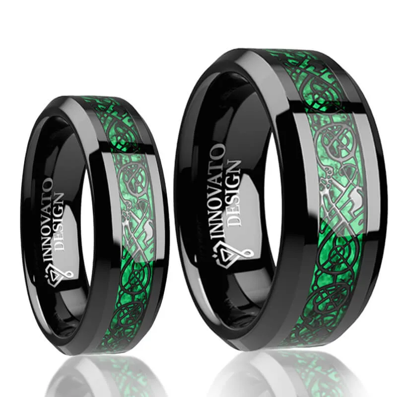 His & Her 6mm/8mm Green Carbon Fiber Black Celtic Dragon Tungsten Carbide Wedding Bands Set