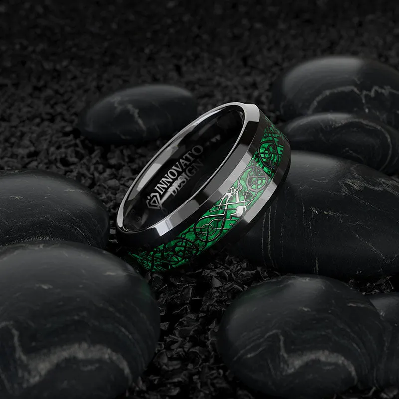 His & Her 6mm/8mm Green Carbon Fiber Black Celtic Dragon Tungsten Carbide Wedding Bands Set