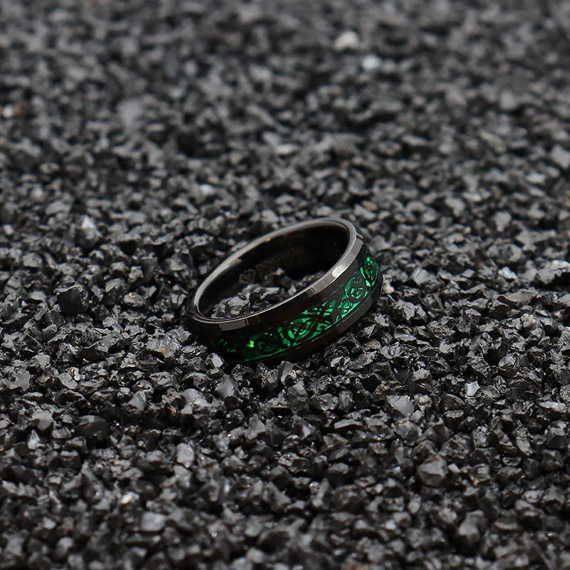 His & Her 6mm/8mm Green Carbon Fiber Black Celtic Dragon Tungsten Carbide Wedding Bands Set