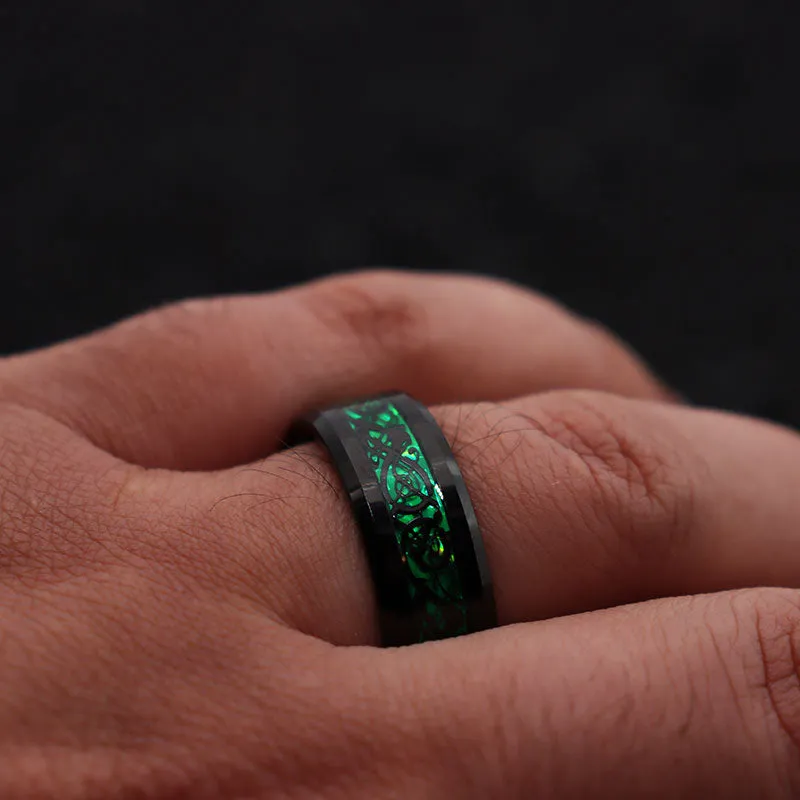 His & Her 6mm/8mm Green Carbon Fiber Black Celtic Dragon Tungsten Carbide Wedding Bands Set