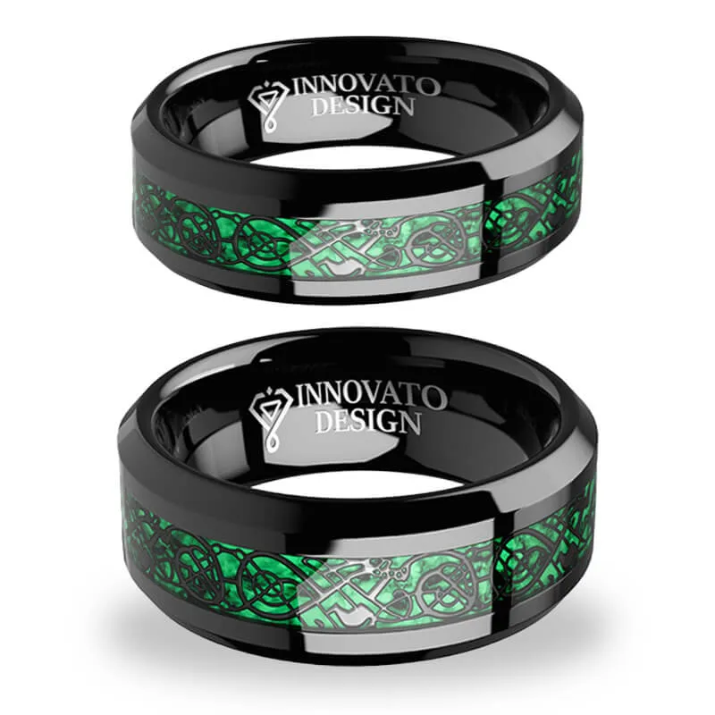 His & Her 6mm/8mm Green Carbon Fiber Black Celtic Dragon Tungsten Carbide Wedding Bands Set