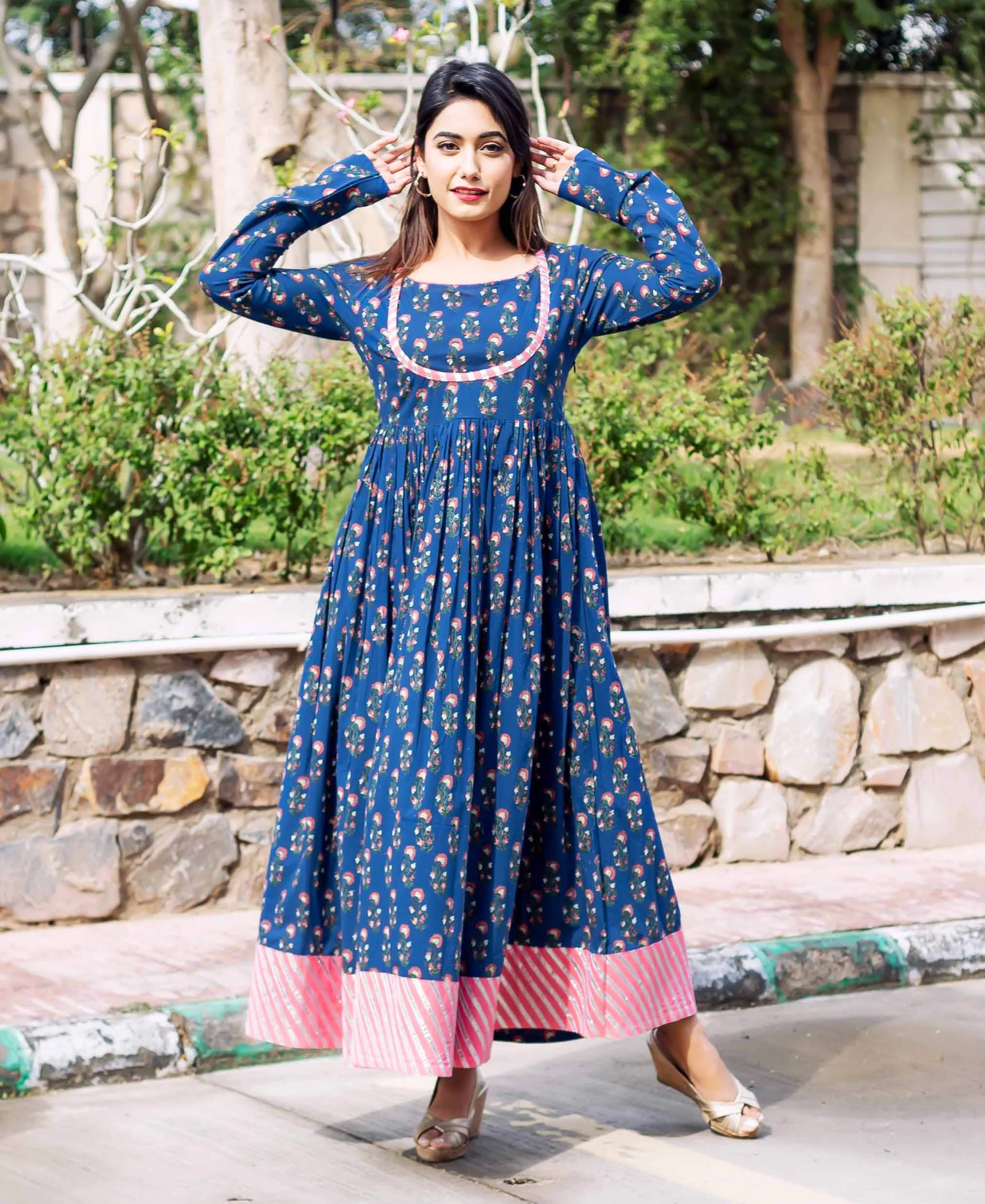 Indigo and Pink Long Flared Dress with Churidaar Sleeves