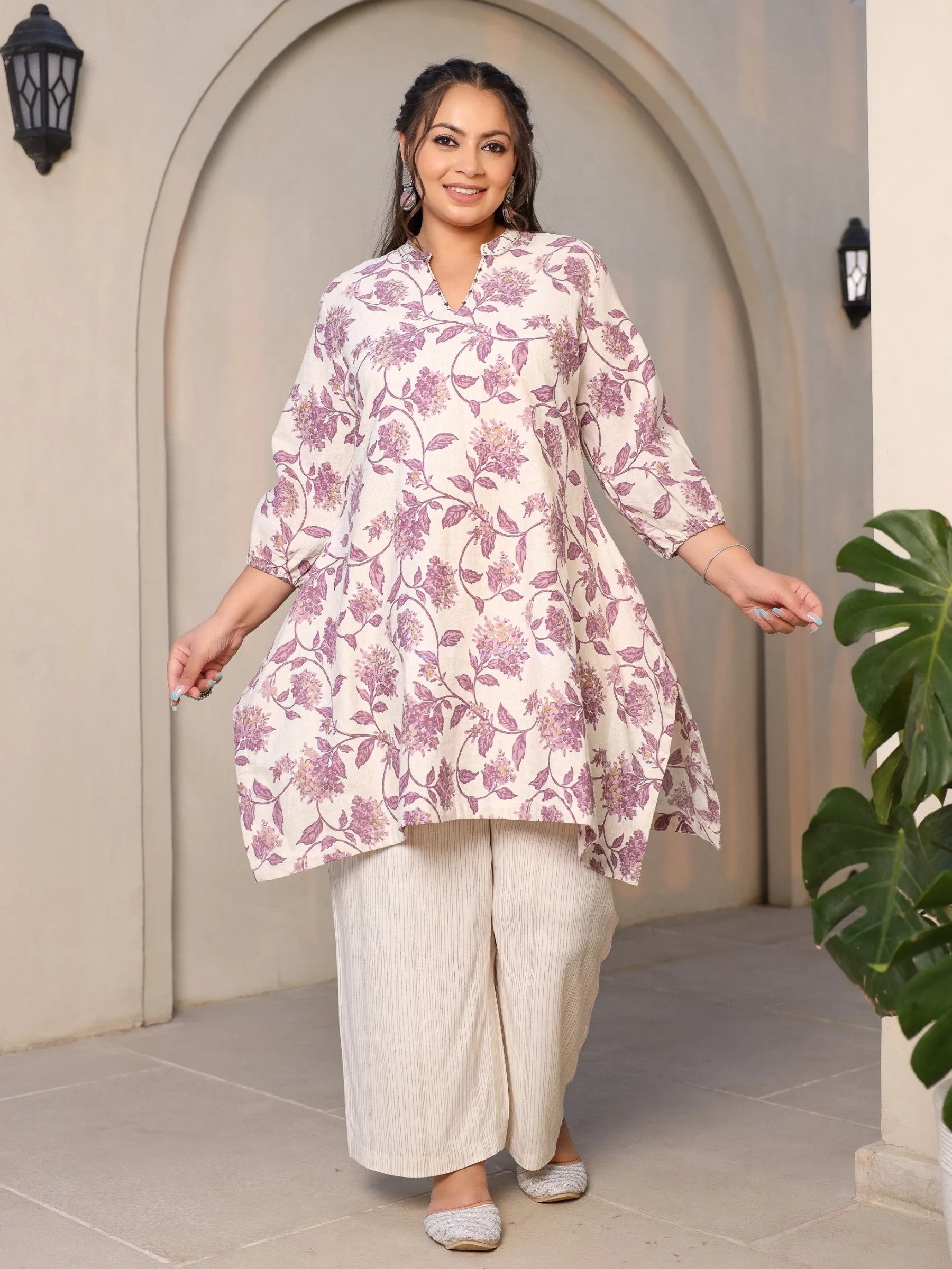 Juniper Lavender Floral Printed & Asymmetric Cotton Flex Plus Size Kurta With Beads & Sequins