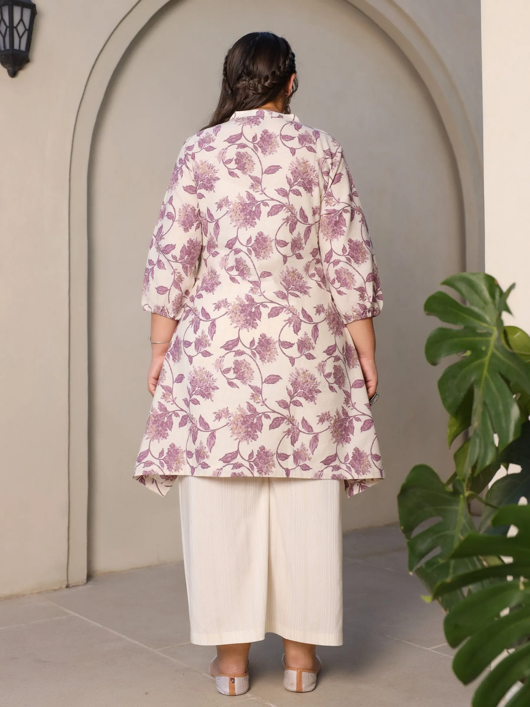 Juniper Lavender Floral Printed & Asymmetric Cotton Flex Plus Size Kurta With Beads & Sequins