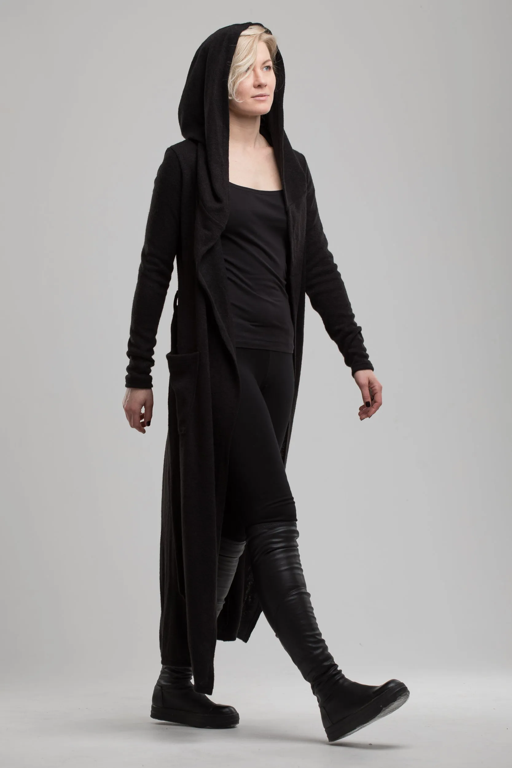 Long Black Cardigan with Hood