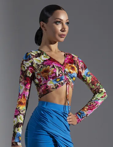 Long Sleeve Crop Top Practice Top with Optional Gather Tie Available in Leopard Print or Floral PRA 607