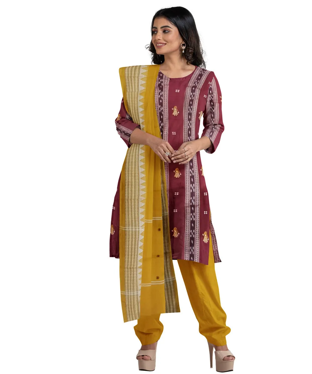 Maroon yellow hand woven cotton nuapatna dress material