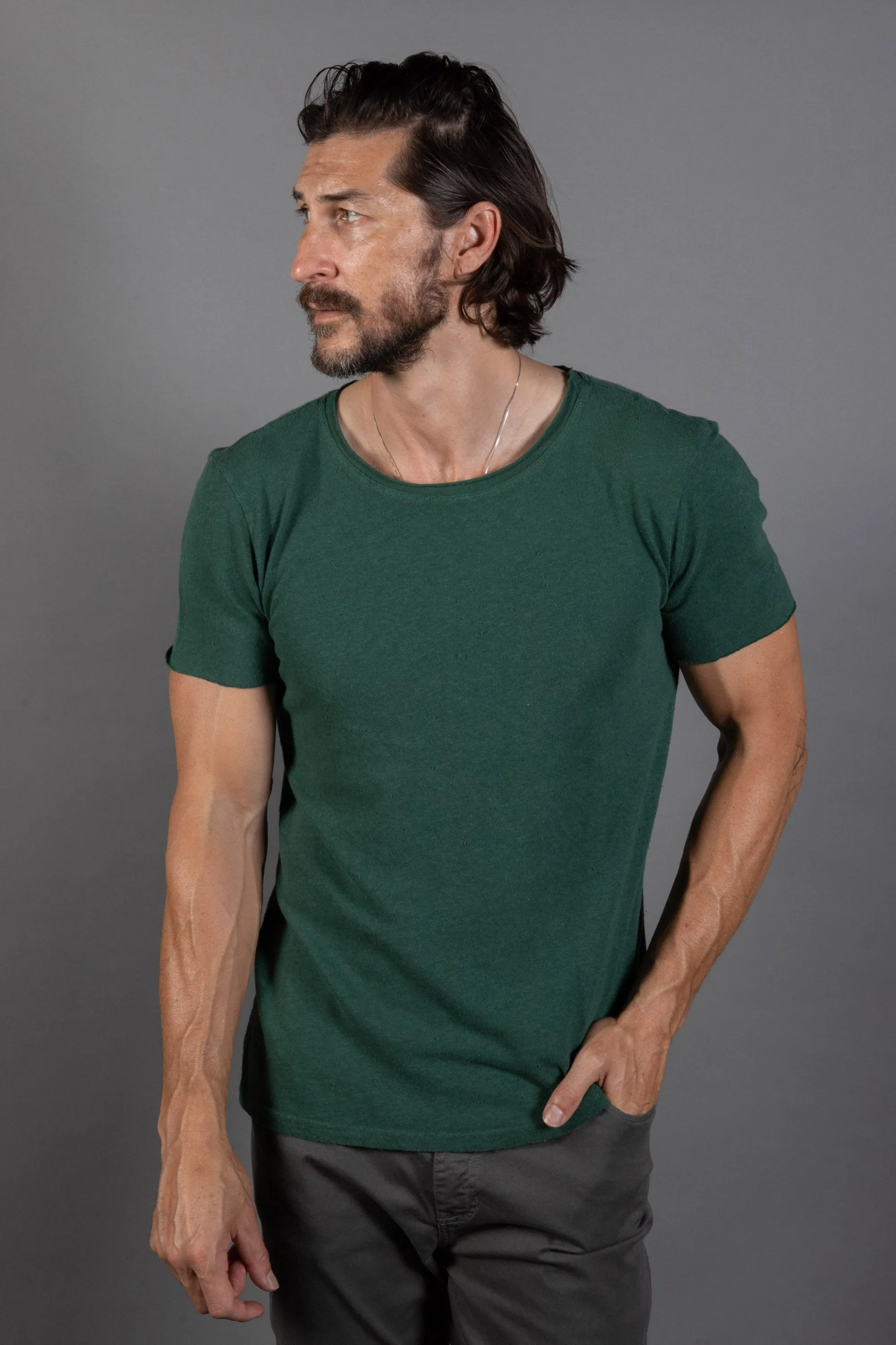 Men's Wallace Raw Neck Cotton Linen Crew Tee